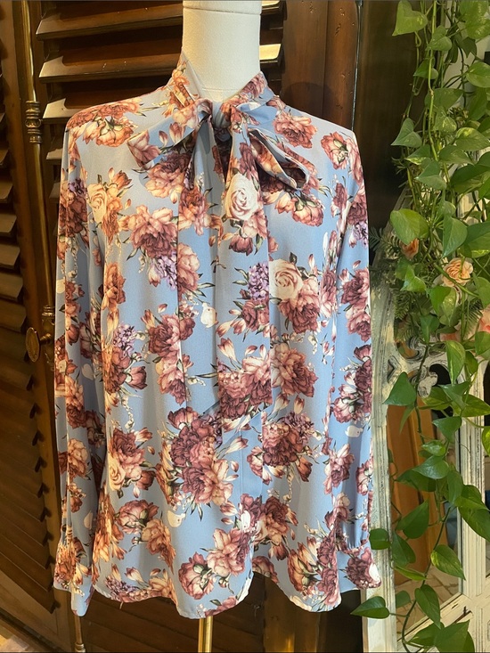 Tahari Arthur S Levine Tops - Tahari Arthur S Levine XL Floral Tie-Neck Blouse in Light Blue Floral